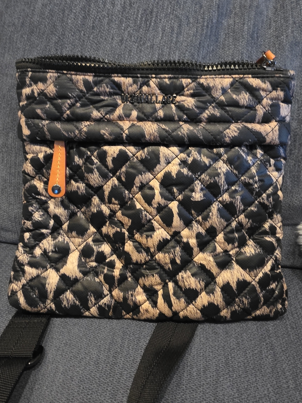 MZ Wallace Quilted Leopard-Print Crossbody in Black and Tan with Orange Accent